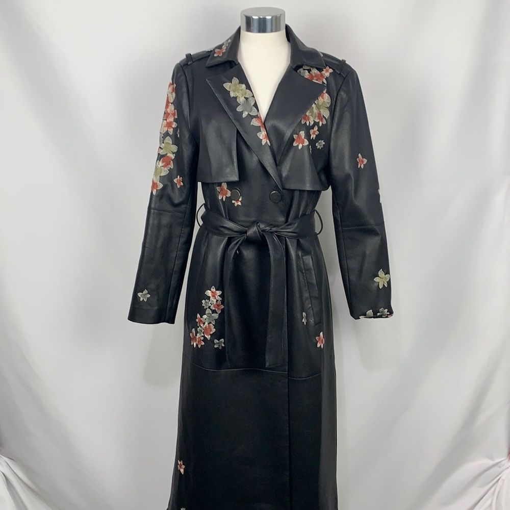 BCBGMaxAzria black alix embroidered faux leather coat